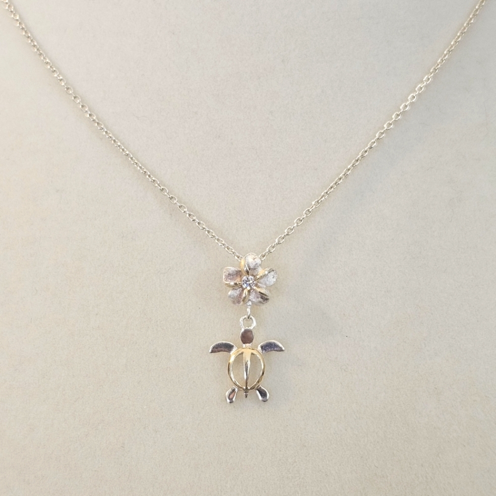 Sterling Silver Honu Turtle CZ Plumeria Flower Pendant Necklace Hawaii 925